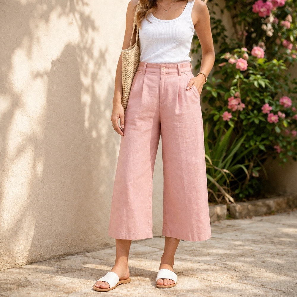 Women's High-Waist Wide Leg Cropped Pants - Pink